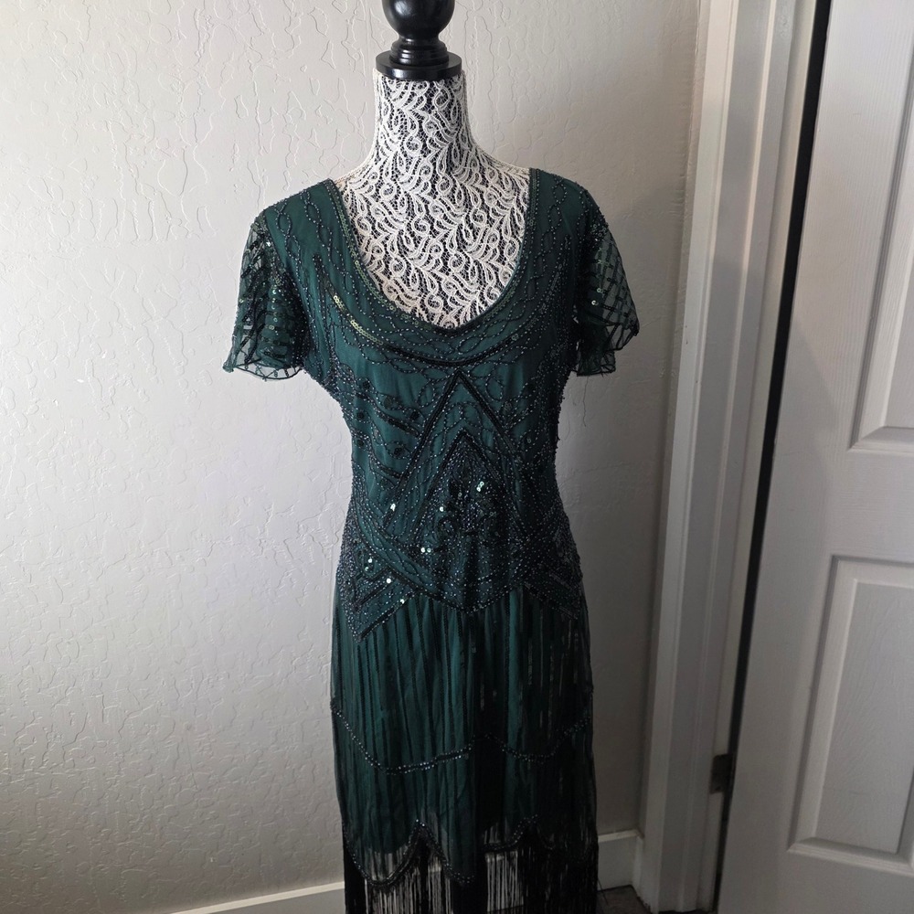 Fundaisy Beaded Flapper‎ Cocktail Dress Womens XXL Green Fringe Hem Gatsby 20's